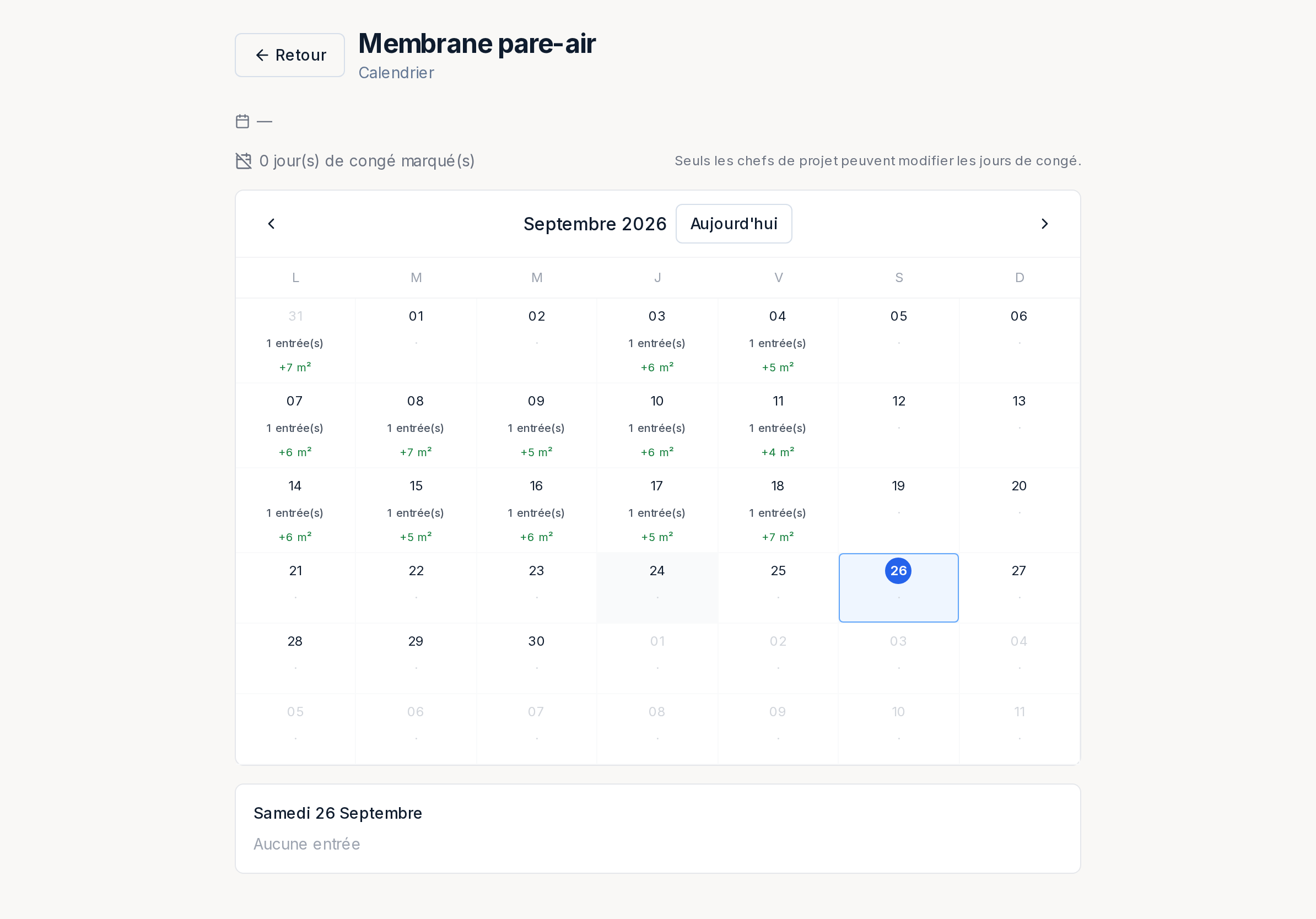 Calendrier d’une couche : une grille mensuelle avec les entrées par jour, la quantité ajoutée et la fenêtre d’échéancier