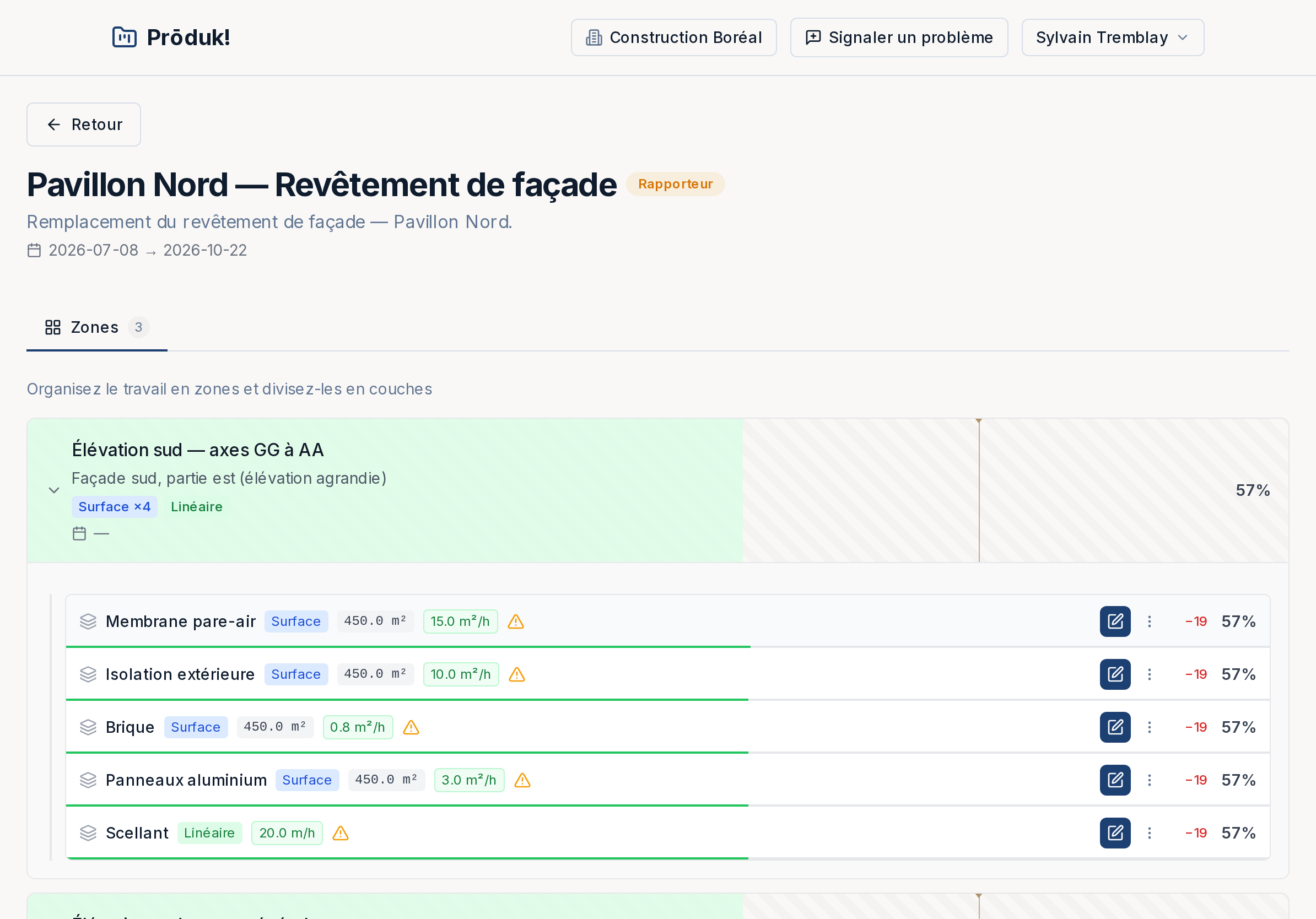 Liste des zones sur l’iPad avec le pourcentage d’avancement de chaque couche et un bouton « saisir maintenant » mis en évidence sur la couche due aujourd’hui