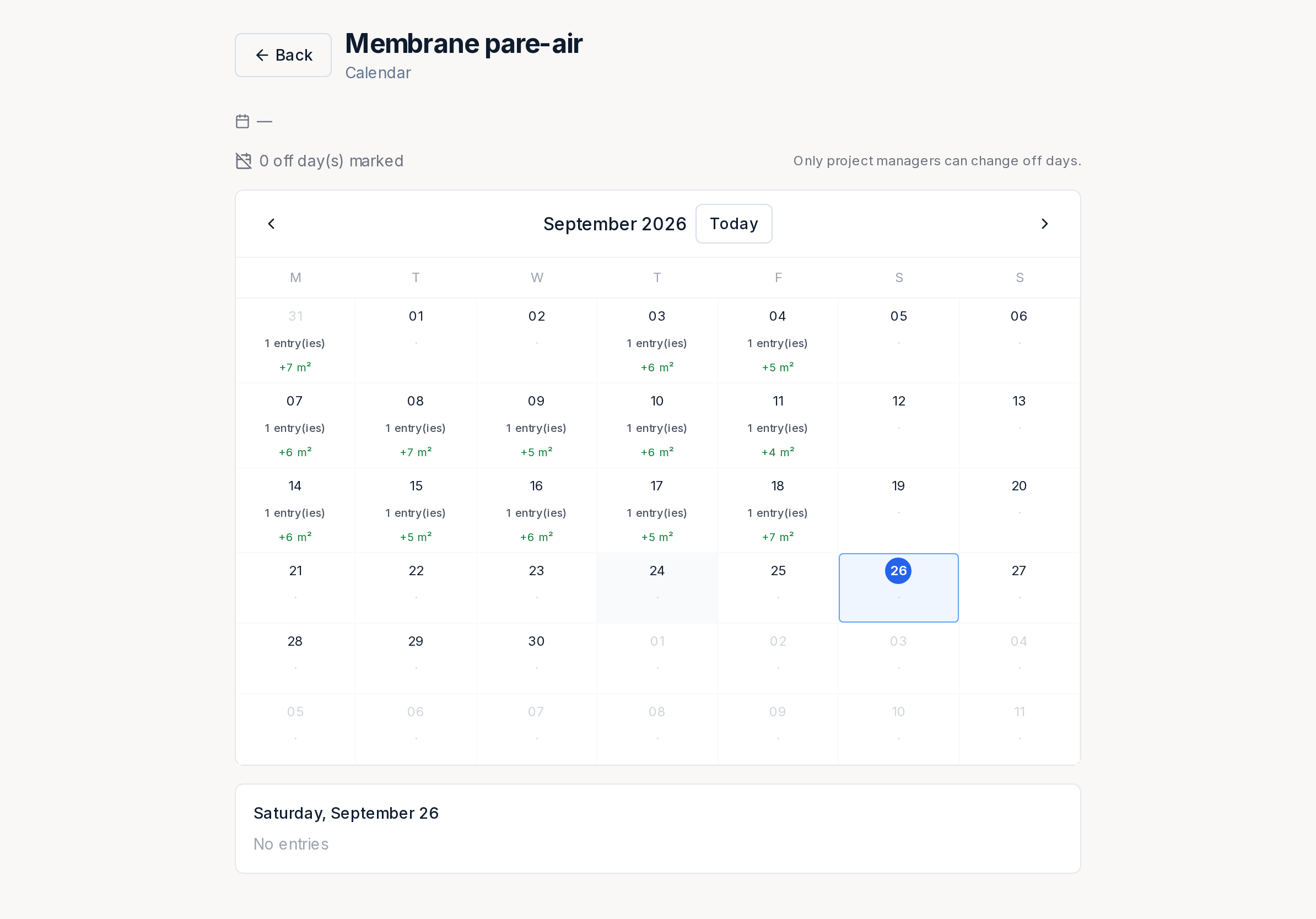 Layer calendar: a month grid with entries per day, quantity added, and the schedule window