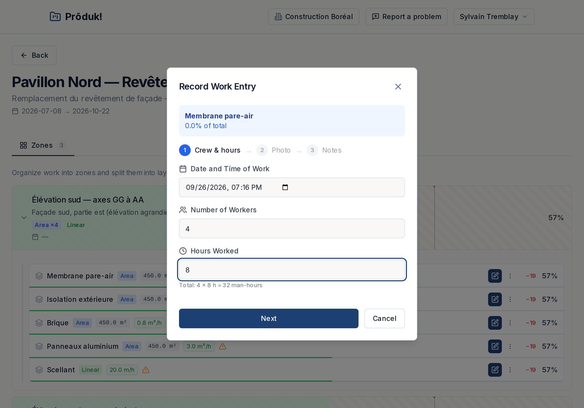 Record work entry dialog, step one of three: date and time, number of workers, hours worked