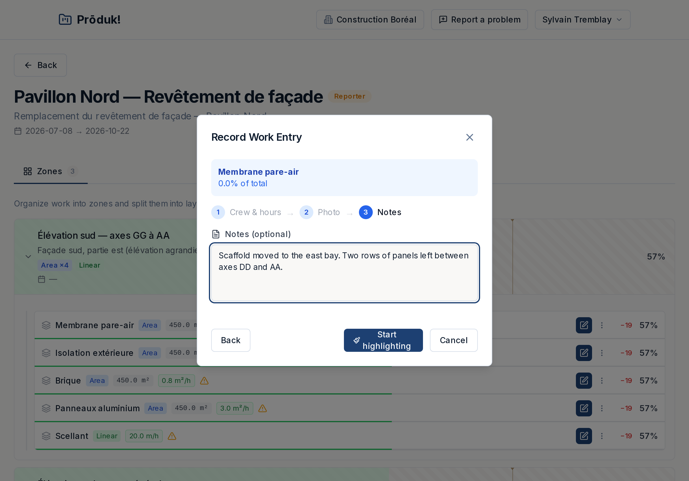 Step three: an optional notes field and a 'start highlighting' button