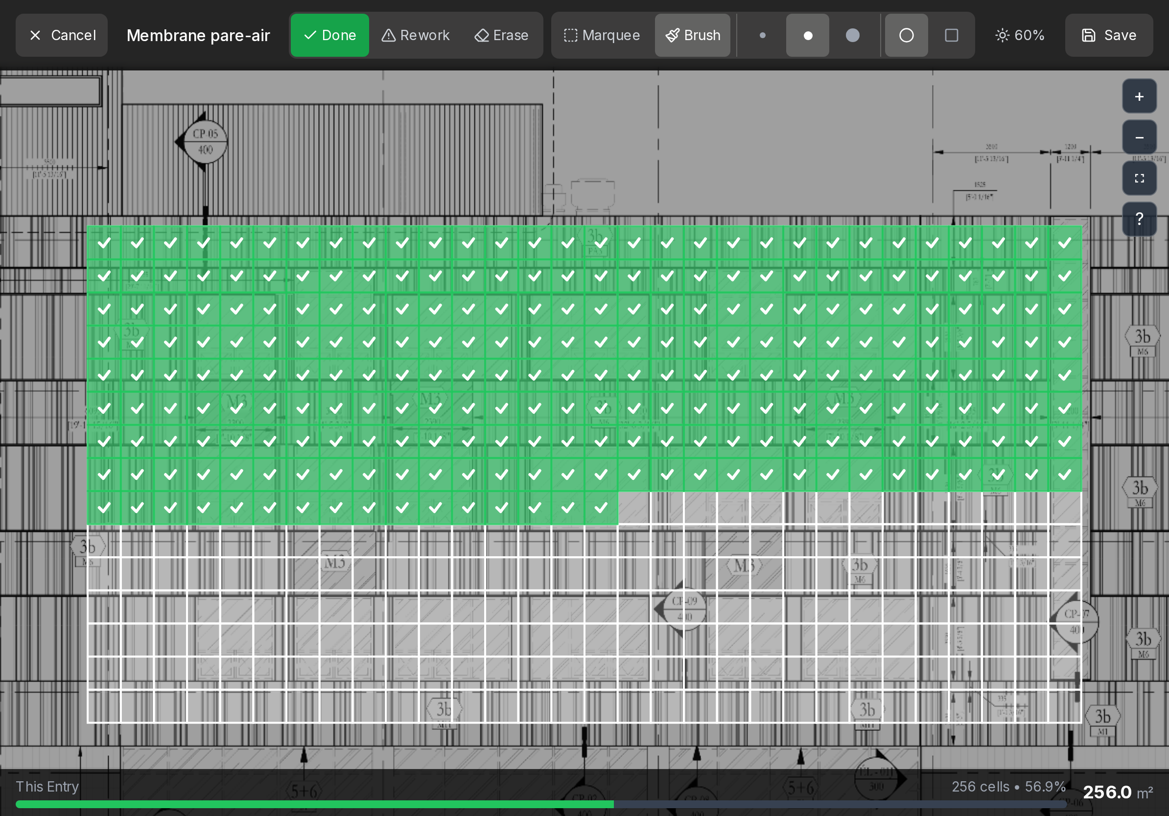 The highlighting screen before highlighting: the shop drawing with a cell grid over the work area, earlier days' cells already green