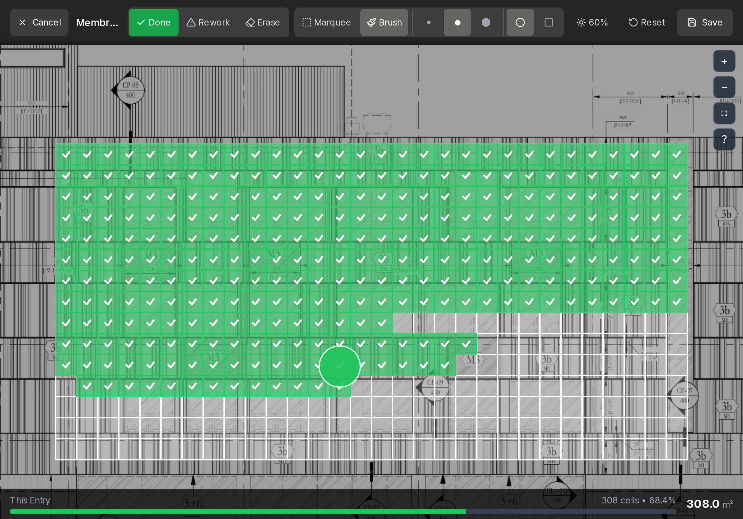 Prōduk! on an iPad: a shop drawing with finished work highlighted in green, a toolbar of brush tools along the top and a progress bar along the bottom