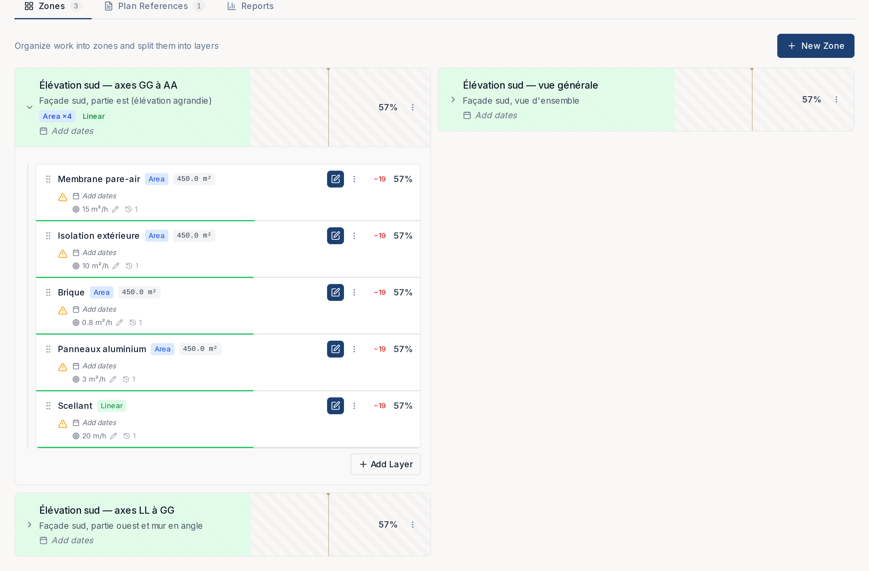 Project page with a zone expanded: five layers, each with its area, target rate, a drift warning and percent complete